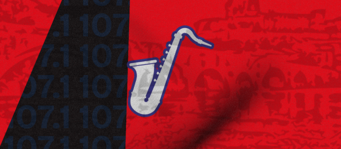 Visuel de l’émission RCB Jazz sur Radio Ciel Bleu, illustré par un saxophone stylisé sur fond rouge et noir.